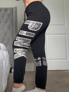 PINK VSecret Black Sweatpants with Silver Sequin Logo